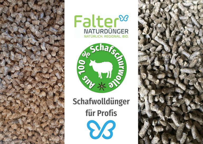 Schafwolldünger für Profils von Falter Naturdünger: Abgebildet ist das 4-mm-Granulat und die Schafwollpellets mit einem Durchmesser von 4 mm - BIOdünger für Profis vom BIODÜNGERPROFI.