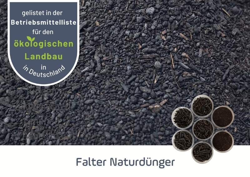 Falter Naturdünger - Gelistet in der Betriebsmittelliste für den ökologischen Landbau in Deutschland. Link zu https://www.falter-naturduenger.de/produkte/naturduenger/