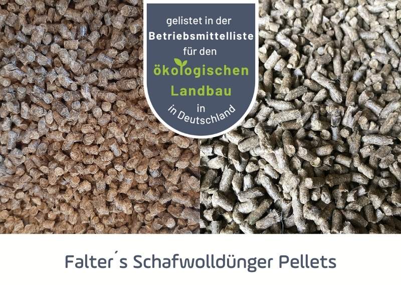 Falters Schafwolldünger Pellets, gelistet in der Betriebsmittelliste für den ökologischen Landbau in Deutschland. Link zu https://www.falter-naturduenger.de/produkte/schafwollduenger/