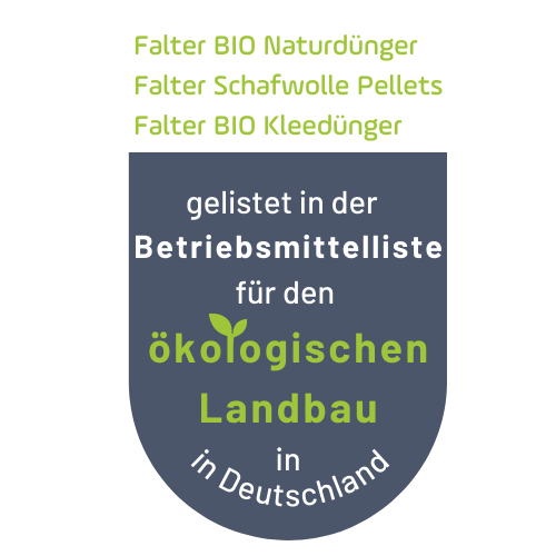 Gelistet in der Betriebsmittelliste für den ökologischen Landbau in Deutschland: Falter Naturdünger, Falter Schafwolldünger, Falter BIO-Kleedünger