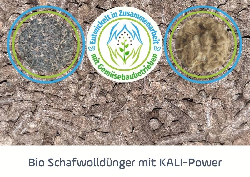 Abgebildet sind unsere Schafwolldünger-Pellets mit KALI-Power