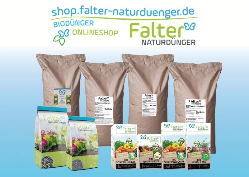 Produkte: Falter Naturdünger, Falter Rasendünger, Falter Schafwolldünger, Falter Dünger-Mix, Falter Veggie Dünger, Hinweis auf shop.falter-naturduenger.de