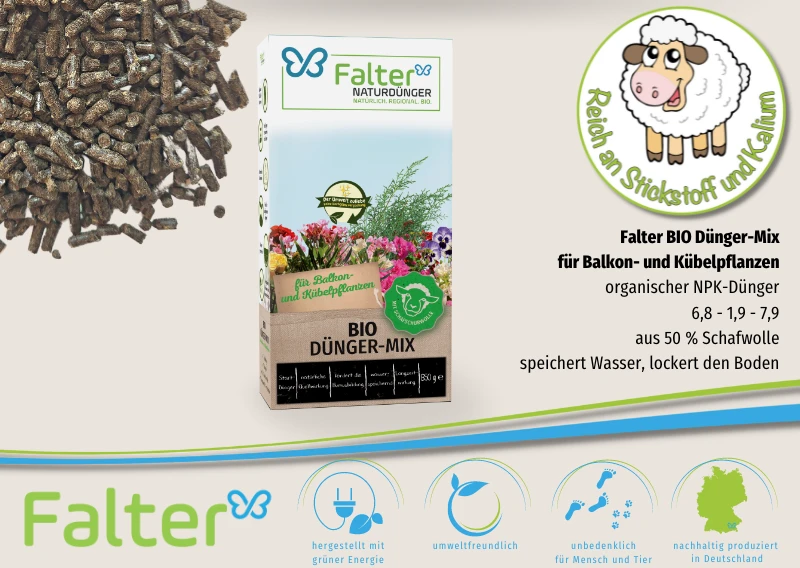 Falter BIO Dünger-Mix für Balkon- und Kübepflanzen, organischer NPK-Dünger 6,8 - 1,9 - 7,9. Aus Naturdünger und Schafwolle. Speichert Wasser, lockert den Boden.
