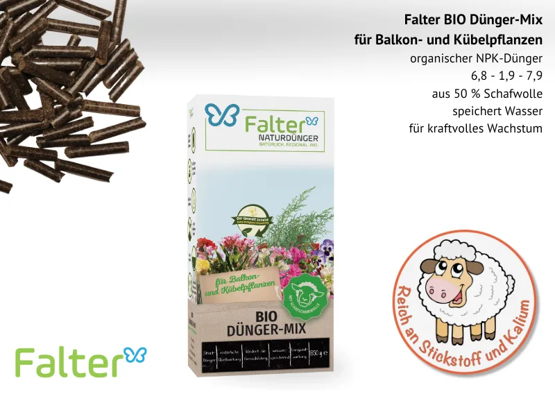 Falter BIO Dünger-Mix für Balkon- und Kübelpflanzen. Organischer NPK-Dünger aus 50 % Schafwolle und 50 % Naturdünger.