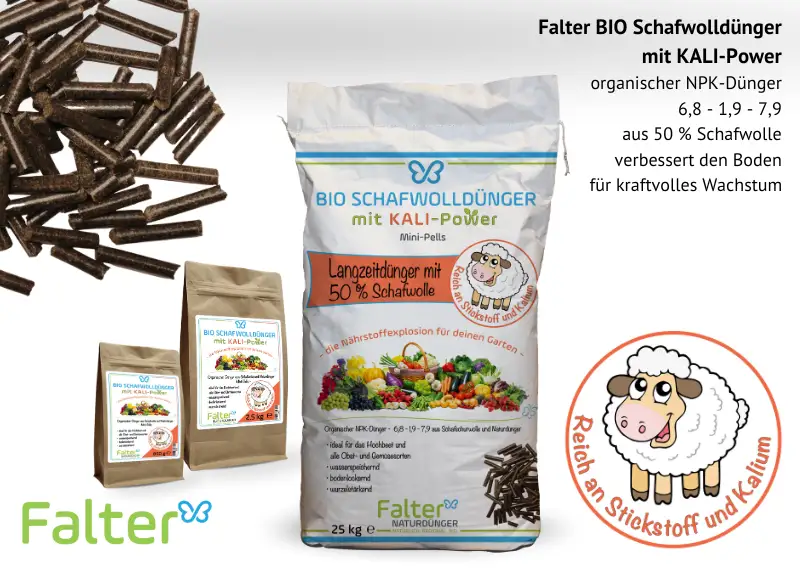 Falter BIO Schafwolldünger mit KALI-Power. Organischer NPK-Dünger aus 50 % Schafwolle und 50 % Naturdünger.